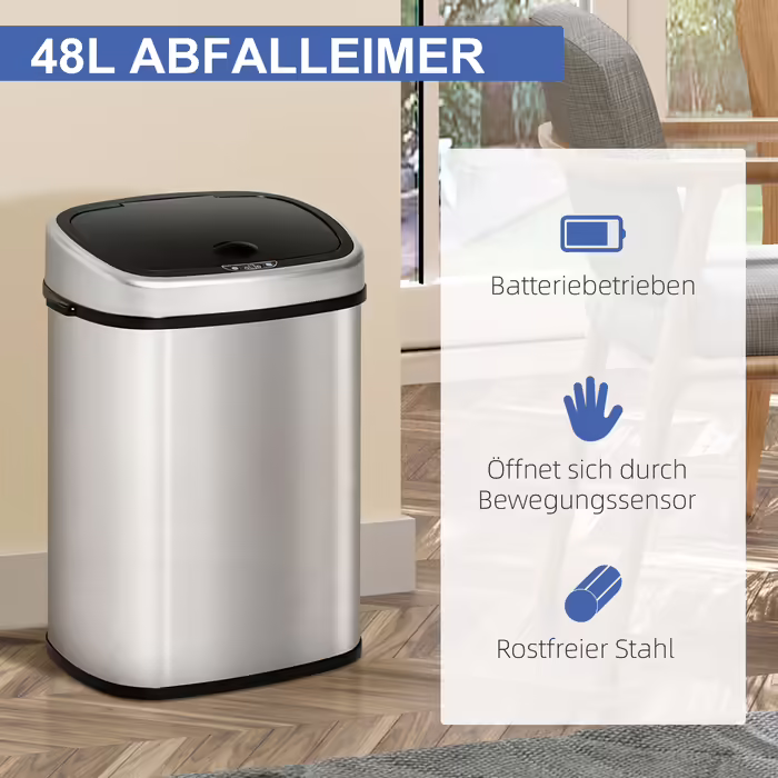 HOMCOM 48L Trash Can with Infrared Sensor, Hygienic, Stainless Steel in Silver, L40.5 x W29.5 x H68 cm for Effortless Disposal