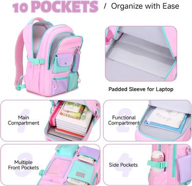 Рюкзак для дівчинки Tanou, великий шкільний рюкзак для підлітків, з тканини Оксфорд, з кількома відділеннями (рожево-зелений)