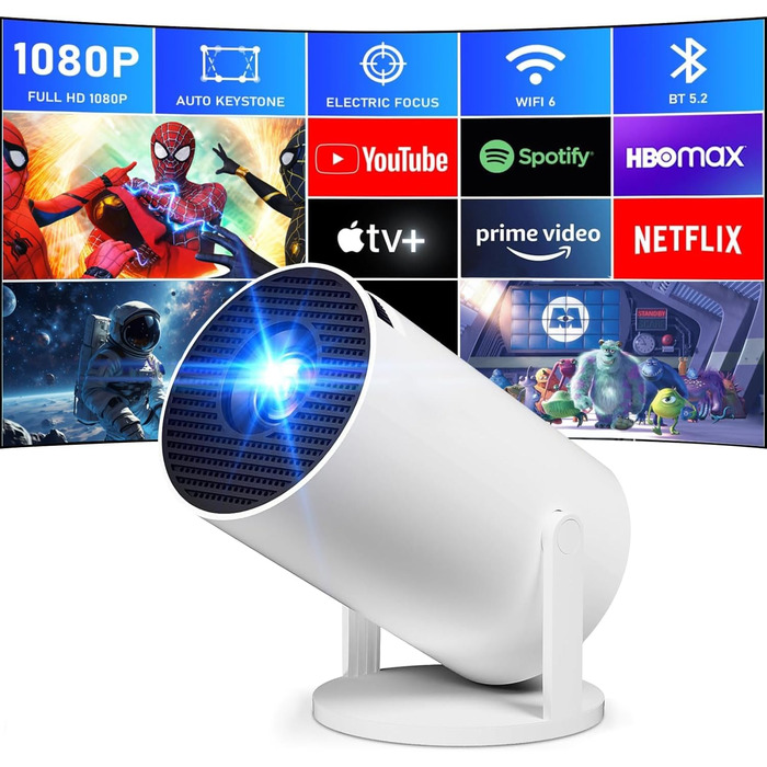Портативний проєктор 4K, 1080P FHD Mini проєктор, сумісний з Android та Netflix, WiFi 6, BT 5.0, поворот на 180°, автоматична корекція трапецеїдальних спотворень