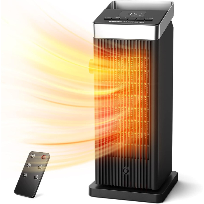 OMISOON Heater 2000W, ECO energy-saving, PTC thermostat heating with 90° oscillation, 24h timer, wind setting, multiple protection, remote control, 4 modes, for home, bedroom, office