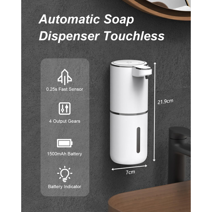 Автоматичний диспенсер для мила Dalugo USB-C, електричний сенсорний дозатор мила з 4 рівнями регулювання, для кухні та ванної кімнати, білий
