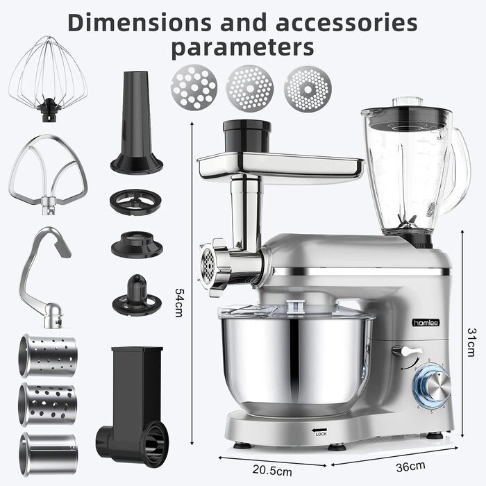 Homlee 3-in-1 Kitchen Machine - 1800W Food Processor with Meat Grinder, Juicer & 5.5L Stainless Steel Bowl - 6 Speed Mixer