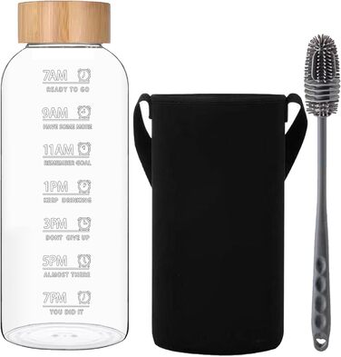 RNCKUUE 2 Liter Glass Bottle, 2l Glass Drinking Bottle, Glass Water Bottle with Strainer, Neoprene Sleeve, Bottle Brush (2000 ml, Bamboo Lid)