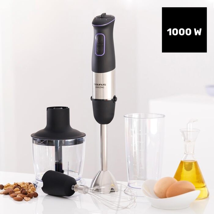 Стабілізатор Taurus Stabmixer 1000W: 20 швидкостей, турбо-функція, 4 леза з нержавіючої сталі, ергономічний дизайн, захист від бризок, аксесуари, нержавіюча сталь, пластик, срібно-чорний