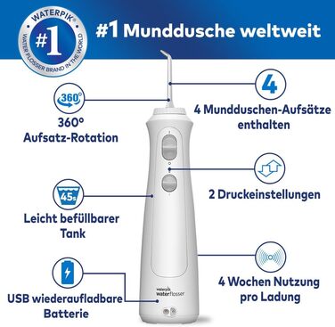 Waterpik Бездротова Іригатор, акумуляторний, електричний для чищення зубів, видаляє наліт, для дому та подорожей - Білий
