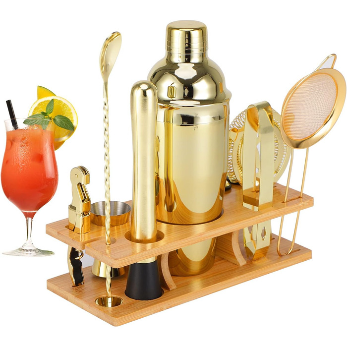 OBALY Bartender Kit 11-Piece Cocktail Shaker & Muddler for Cocktails 25oz Boston Shaker-Bar Accessories with Stylish Bamboo Stand Mix Drink Shaker Kit Perfect Martini Kit with Cocktail Recipe Booklet...