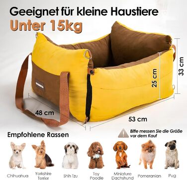 Portable Dog Car Seat for Small & Medium Dogs Under 15KG - Washable Travel Bed with Storage & Safety Belt (Green & Yellow)