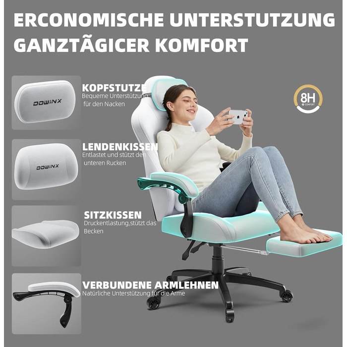 Ігровий крісло Dowinx з кишеньковим пружинним блоком, ергономічне крісло геймера зі шкіри з підголівником та підніжкою, комп'ютерне крісло для офісу та ігор (Білий, Титан)