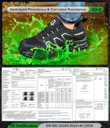 Черевики безпеки чоловічі/жіночі ESD Antistatisch SR, неслизькі робочі черевики з металевим підноском, легкі, дихаючі, комфортні, широка колодка, для промисловості та виробництва, 43 EU, чорні