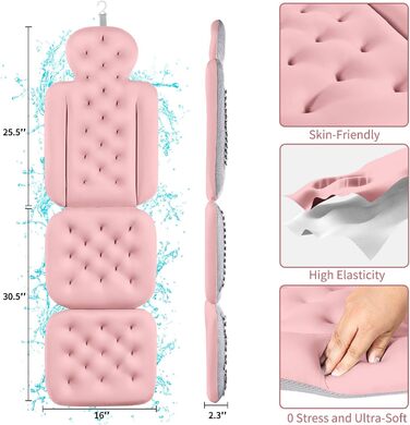 Full Body Bathtub Pillow with 160 Suction Cups - Head & Neck Support Bath Mat with Laundry Bag (Dark Gray & Light Pink, 130x41cm / 51.2' x 16.2')