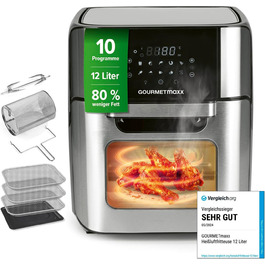 GOURMETmaxx цифрова аерофритюрниця 12 л, XXL, з нержавіючої сталі, 1800 Вт, 10 програм, таймер, сенсорний дисплей, вертел, енергоощадна, для здорового смаження, приготування піци