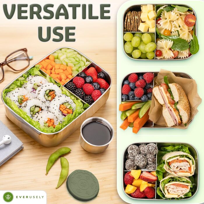 Everusely Ланчбокс Bento Box 0,8 л з нержавіючої сталі з контейнером для спецій та органайзером для перекусів (3 відділення)