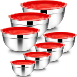Homikit Mixing Bowl Set of 7, Stainless Steel Bowl Set, Salad Bowl with Airtight Lid for Cooking/Baking/Serving, Stackable, Versatile, Dishwasher Safe, 6.5/4.5/2.7/2.5/1.5/1.2/0.7L, Red