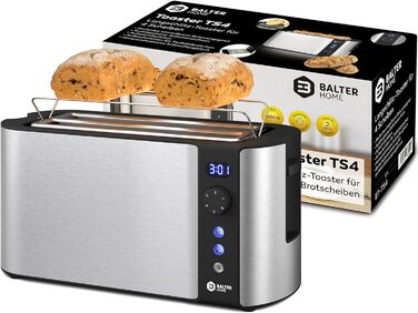 Тостер Balter TS-04-LCD на 4 тости, довга щілина, нержавіюча сталь, підставка для булочок, LCD-дисплей з таймером, функція розморожування, центрування хліба, піддон для крихт, колір сріблястий