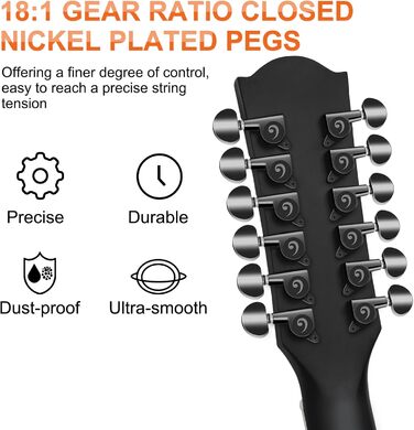 Електроакустична гітара Vangoa 41 дюйм, 12-струнна, чорна, з підсилювачем та 4-х смуговим еквалайзером