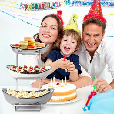 Керамічна фруктова ваза на стільницю, 3-ярусна, з металевим каркасом, для фруктів, овочів та десертів (срібна)