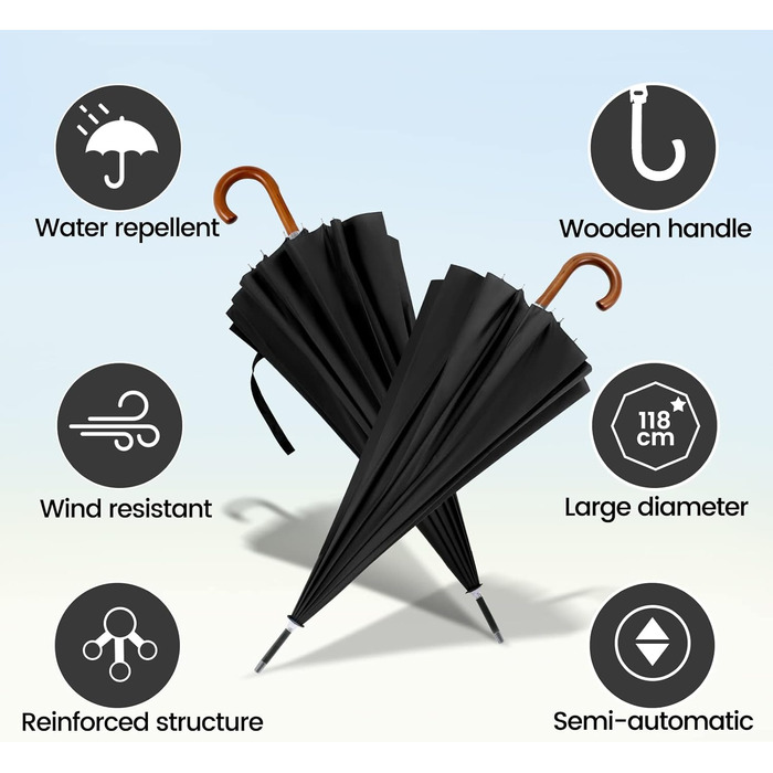 NINEMAX Large Windproof Umbrella - Wooden Handle Stick Umbrella for Men & Women - 16 Ribs Automatic Open - Double Layer Black