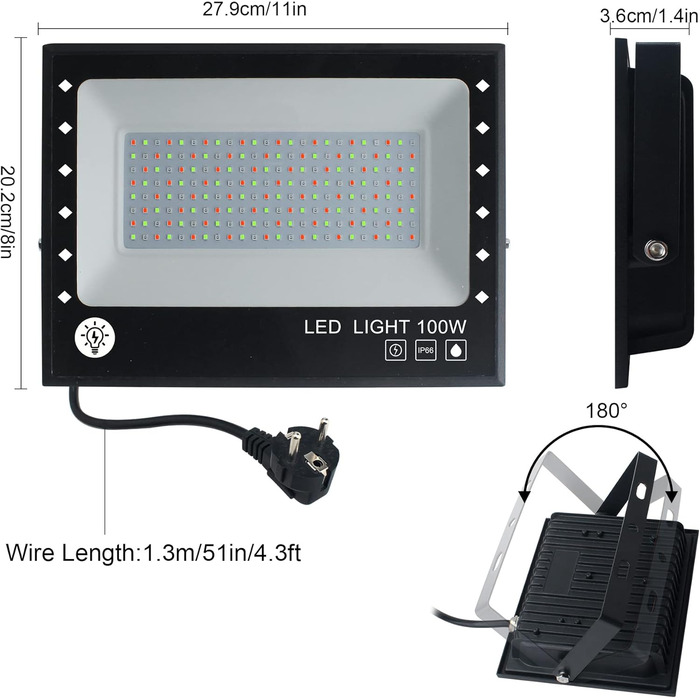 RGB LED прожектор 2 шт 100Вт, Bluetooth, IP66, для вулиці, балконів, саду, атмосферне підсвічування