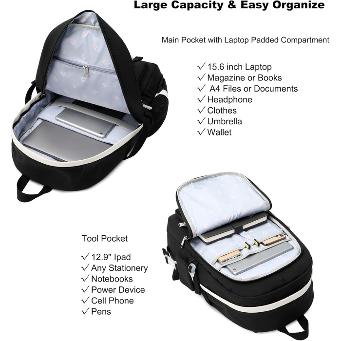 Чорний рюкзак для ноутбука 15.6 дюймів: шкільний, для подорожей, з захистом від крадіжок, великі кишені для книг