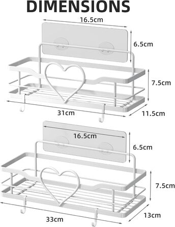 Двосекційна поличка для душу без свердління з 4 гачками, органайзер для шампуню та мила, поличка для ванної кімнати (11.5 см, білий)