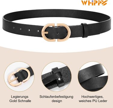 Жіночий шкіряний ремінь WHIPPY з золотистою пряжкою, чорний колір, розмір L (довжина 120 см)