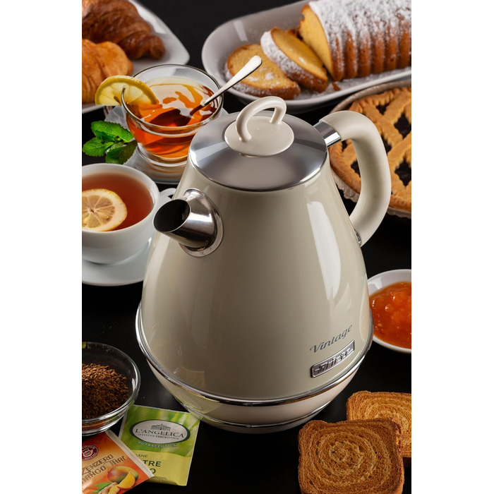 Ariete Vintage Electric Kettle 2869 - 1.7L Stainless Steel Retro Kettle with Water Level Window, Cordless 360° Base, Auto Shut-Off, Tea Infuser, 2000W (Beige)