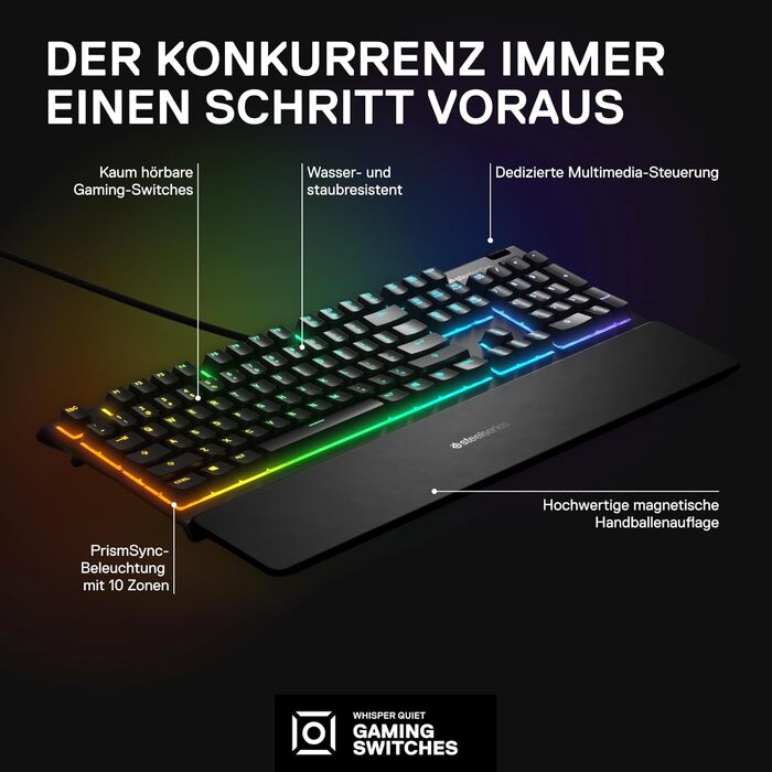 Клавіатура SteelSeries Apex 3 для ігор - RGB підсвічування 10 зон, магнітна підставка для зап'ястя, QWERTY (Nordic), чорний колір