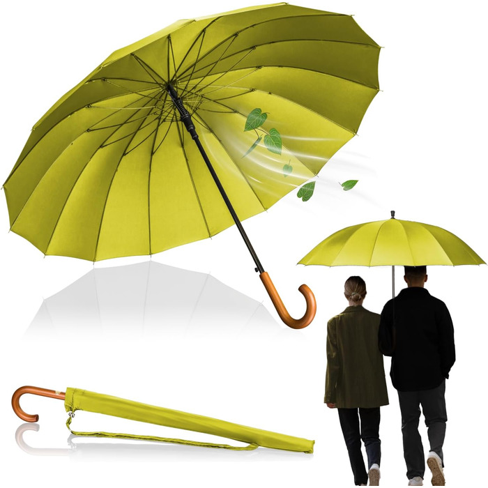 Logan & Barnes Stormproof Umbrella - 120cm Extra Large Windproof Umbrella with Wooden Handle & Silent Rubber Tip - 16 Rib Model EDINBURGH (Yellow)