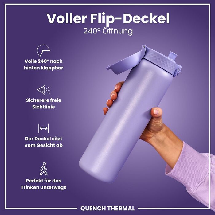 Ion8 Vacuum Insulated Stainless Steel Water Bottle, 1 Liter, 920 ml, Leak-Proof, One-Handed Opening, Secure Locking Mechanism, Dishwasher Safe, Carrying Handle, Durable, Ideal for Sports and Yoga (OneTouch 2.0, Light Purple)