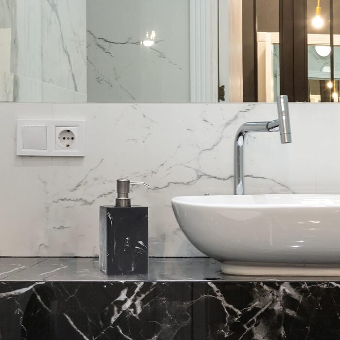 Дозатор для мила Suanti, 425 мл, з помпою з нержавіючої сталі, наповнюваний, квадратний, декоративний, для мила для рук, посудомийної рідини та лосьйону, стиль чорного мармуру