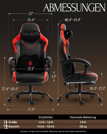 Ігровий крісло Dowinx з масажем, ергономічний дизайн, підтримка попереку та шиї, до 135 кг, шкіра, для дорослих (червоний)