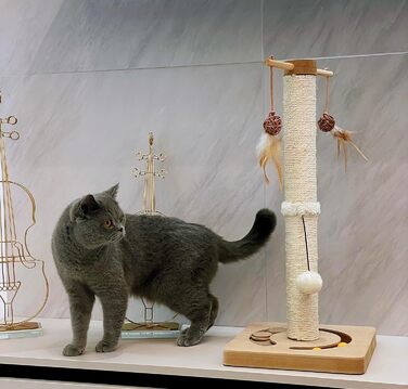 Котяча кігтеточка AUSCAT з іграшками, 63 см, бежева. Кігтеточка-стовп з натурального сизалю в сучасному дизайні