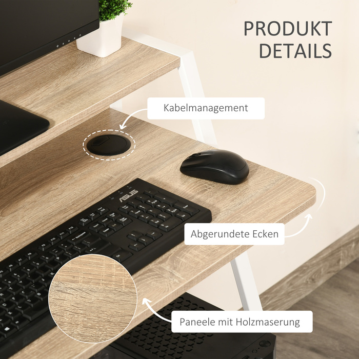 HOMCOM Desk Modern Computer Desk with Storage Shelf & Cable Management Metal Frame White Oak 84x45x85cm for Home Office & Study