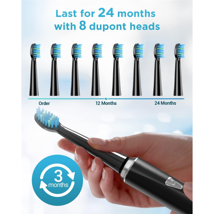 Електрична зубна щітка з 8 насадками для дорослих та дітей, 5 режимів, IPX7, чорна матова – до 120 днів роботи від заряду