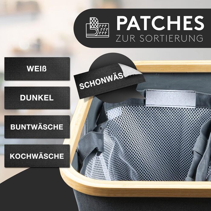 FALKENWERK Laundry Basket with Lid 145L - Water-Repellent Laundry Collector with 3 Compartments & Removable Laundry Bags - Foldable Laundry Box with Washing Instructions - Laundry Basket 3 Compartments