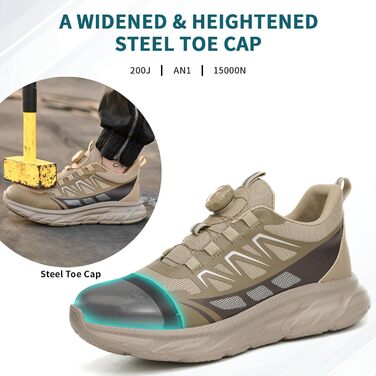 Робочі черевики для чоловіків та жінок. Зручні, дихаючі, з металевим носком. Індустріальні черевики для роботи з пряжками та шнурівками (41 EU, Хакі)