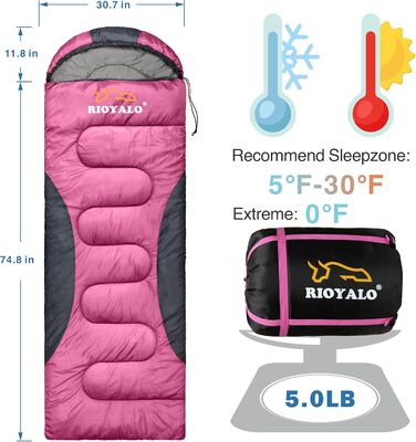 Спальний мішок зимовий для дорослих -0°C (450GSM) | Діапазон температур 5-32°F | Водонепроникний, портативний, для кемпінгу, походів, трекінгу | Рожево-сірий | Для великих і високих