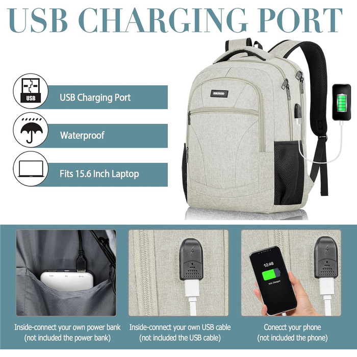 Рюкзак BIKROD для чоловіків та жінок, шкільний рюкзак для хлопчиків та дівчаток-підлітків, 15.6 дюймів, для ноутбука, робочий, для подорожей, кемпінгу, USB-порт для зарядки, 15.6 дюймів (15.6 дюймів, Бежевий)