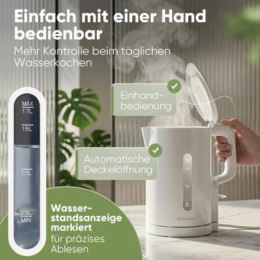 Електричний чайник Bomann WK 6090 CB (1,7л, 2200W, білий) з нержавіючої сталі, BPA Free, з індикатором рівня води та захистом від перегріву