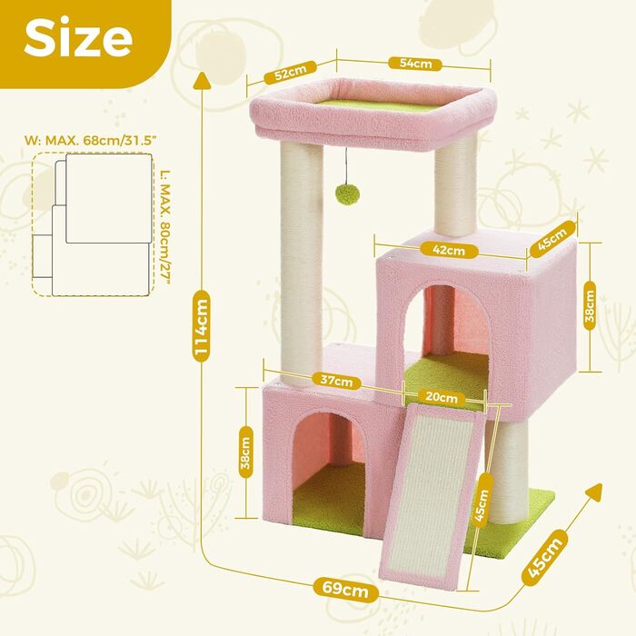 PETEPELA Scratching Post with Dual Condos for Apartment Cats, All-in-One Cat House with Padded Perch, Scratch Ramp and Posts, and Replaceable Balls (Pink, L 113cm)