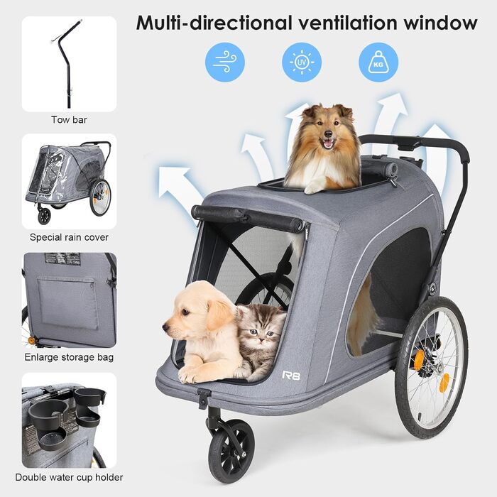 Beberoad 2-в-1 Причіп для собак на велосипед та візок, складаний для тварин до 45 кг, R8 (Чорний) (Сірий)