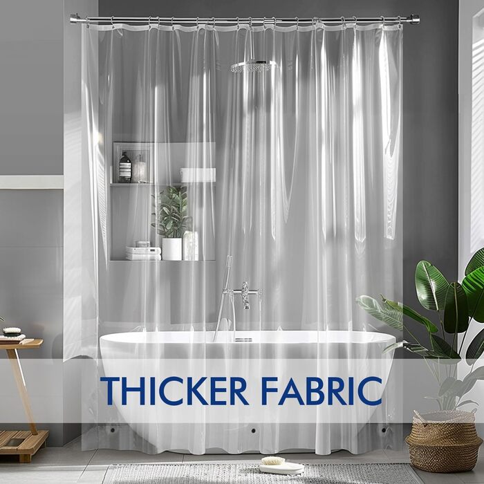 Шторка для душу MIULEE 180x210 см прозора з антигрибковим покриттям, пластикова, водонепроникна, з магнітними вагами, швидковисихаюча, з 12 кільцями, для ванни, 1 шт.