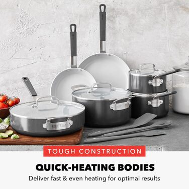 Набір посуду GreenPan x Bobby Flay 13 предметів: професійне алюмінієве покриття Ceramic Non-Stick, індукційне дно, силіконові ручки, безпечний для здоров'я, сумісний з плитою та духовкою