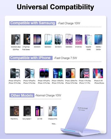 Бездротовий зарядний пристрій NANAMI Qi з адаптером USB-C 20W PD для iPhone 17/16/15/14/13/12 Pro Max XR 8 та Samsung Galaxy S25/S24/S23/S22 (фіолетовий)