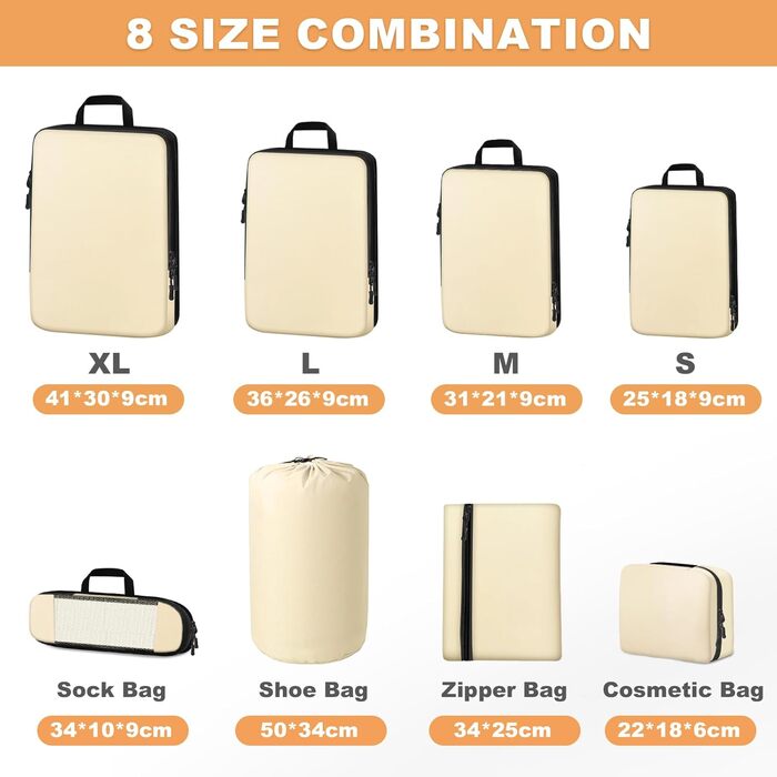 Органайзер для валізи Otauoaea: набір з 8 частин - компресійні куби для пакування, дорожній органайзер для валізи, кофри, косметичка - бежевий