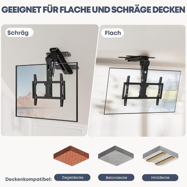 Електричний стельовий кронштейн для телевізора 37-75 дюймів, чорний - похилий, з пультом ДУ, до 45 кг