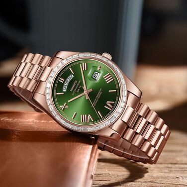 Годинник NIBOSI для чоловіків: аналоговий кварцовий годинник з діамантовою безелем, сталевий циферблат, рожеве золото, срібло, водонепроникний, бізнес, повсякденний, класичний дизайн з датою та днем тижня (рожево-зелений)