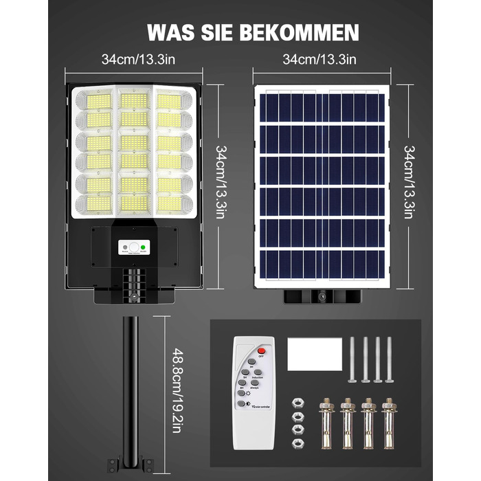 Вуличний сонячний LED світильник Sararoom 1000W з датчиком руху, 864LED, 6500K, IP65, з пультом, для саду, тераси, гаража, газону