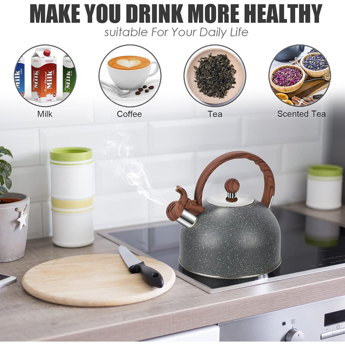 Чайник заварний 2.5L з нержавіючої сталі для всіх плит (індукція), сучасний з дерев'яною ручкою сірого кольору