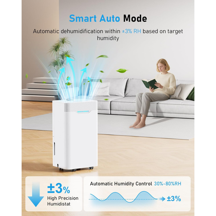 Електричний осушувач повітря 12L/день з таймером 24 год, 3 режими, автоматичне вимкнення, шланг для зливу, для приміщень до 100 м³, білий